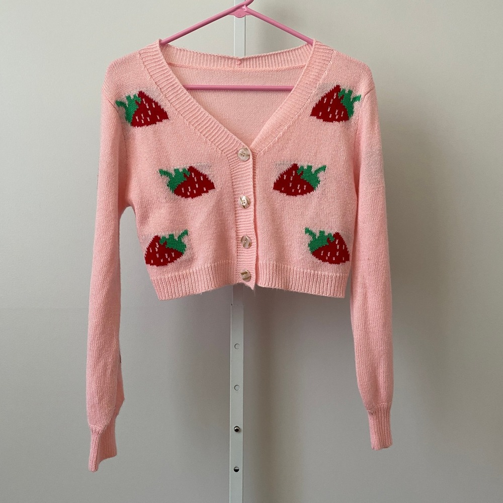 SHEIN Dainty Fairy Babydoll Strawberry Knit Cropped Cardigan Small Pink Coquette